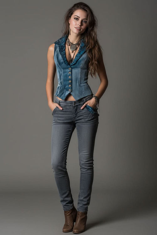 Cambric Boutique Shawl Lace Collar Pinstripe Vest