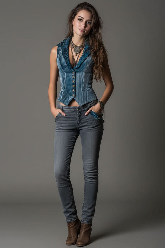 Cambric Boutique Shawl Lace Collar Pinstripe Vest