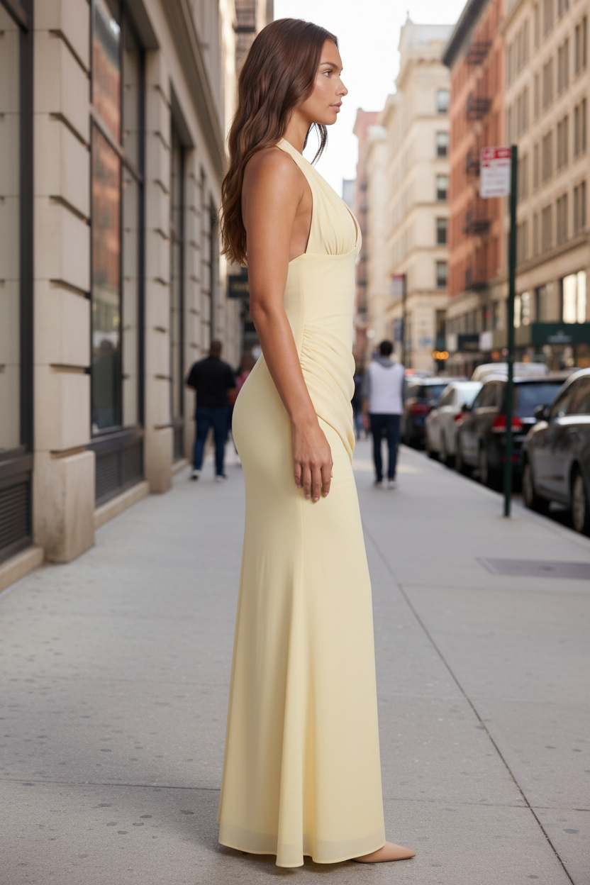 Cambric Boutique Halter V-Neck Ruched Maxi Dress