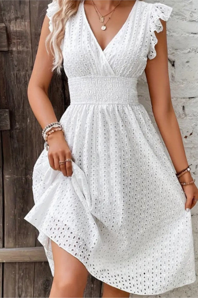 Cambric Boutique V-Neck Lace Trim Mini Dress