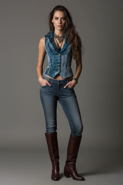 Cambric Boutique Shawl Lace Collar Pinstripe Vest