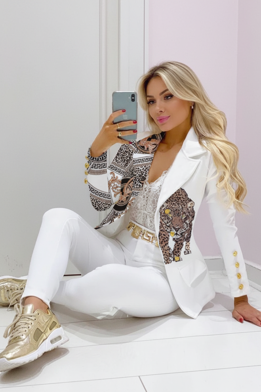 Cambric Boutique Notch Collar Line Art Print Blazer Set