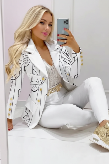 Cambric Boutique Notch Collar Line Art Print Blazer Set